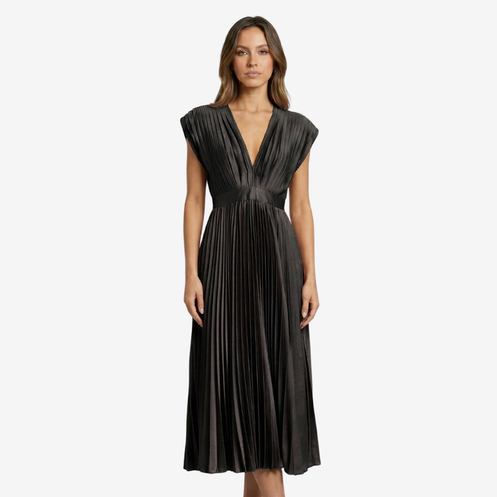 NOMU | Women's Pleated V-Neck Midi Dress – Elegant Sleeveless Flowing Evening Dress