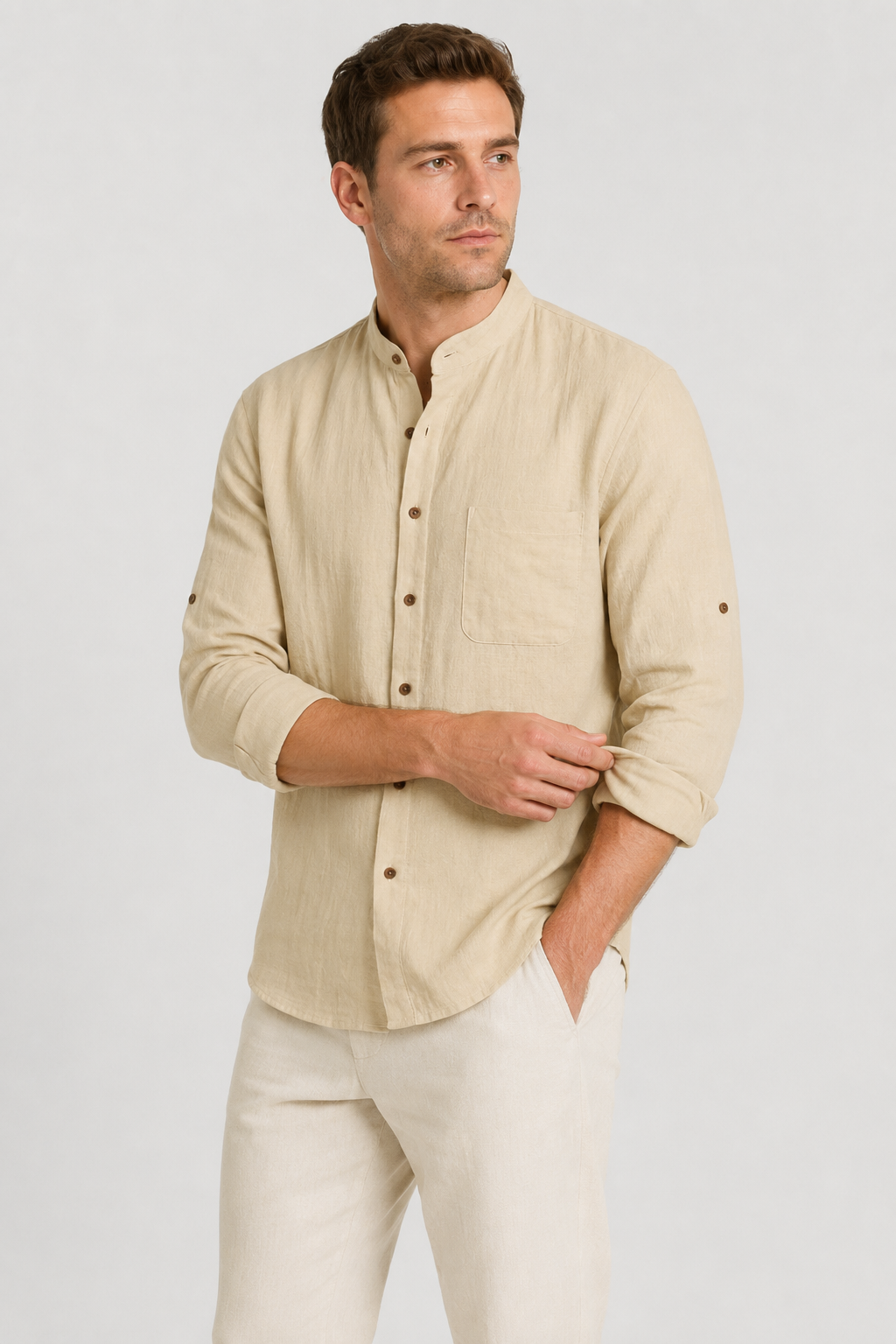 NOMU | Men's Linen Blend Shirt – Long Sleeve Mandarin Collar Button Design