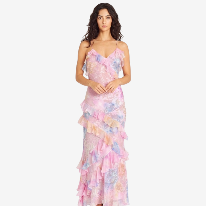 NOMU | Women's Floral Ruffle Maxi Dress – Elegant Sleeveless Layered Party Dress