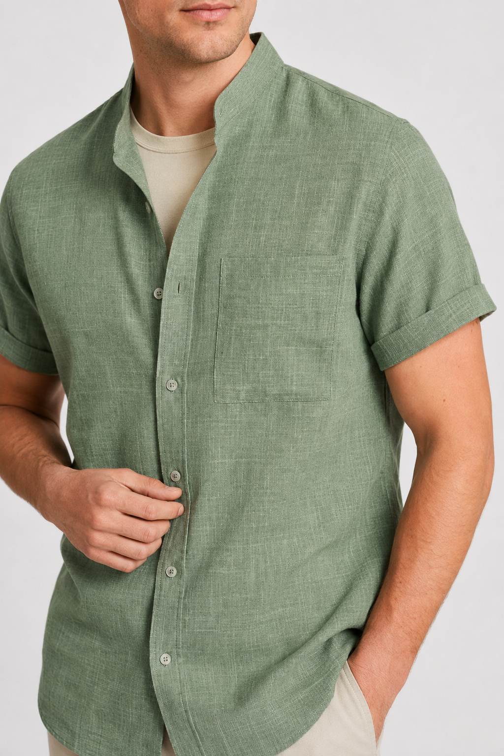 NOMU | Men’s Short Sleeve Mandarin Collar Button Shirt