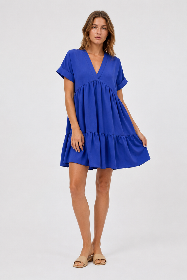 NOMU | Women's Tiered Mini Dress – V Neck Short Sleeve Loose Fit Design