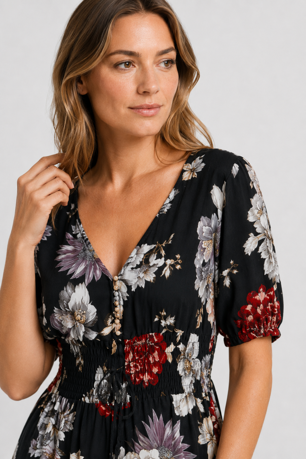 NOMU | Women's Floral Maxi Dress – V Neck Short Sleeve Relaxed Fit Design