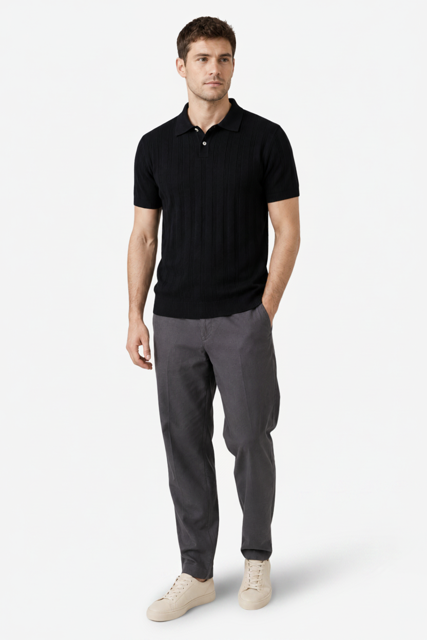 NOMU | Men's Textured Knit Polo Shirt – Slim Fit Smart Casual Short Sleeve Top