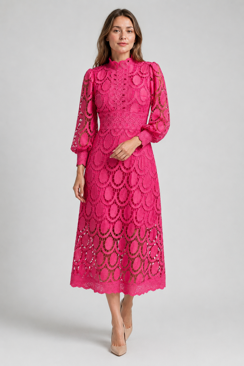 NOMU | Women's Floral Lace Midi Dress – Elegant High Neck Puff Sleeve Party Dress