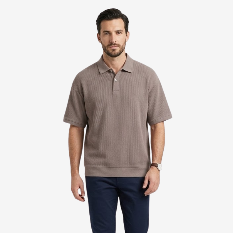 NOMU | Men's Ribbed Knit Polo Shirt – Casual Relaxed Fit Short Sleeve Top