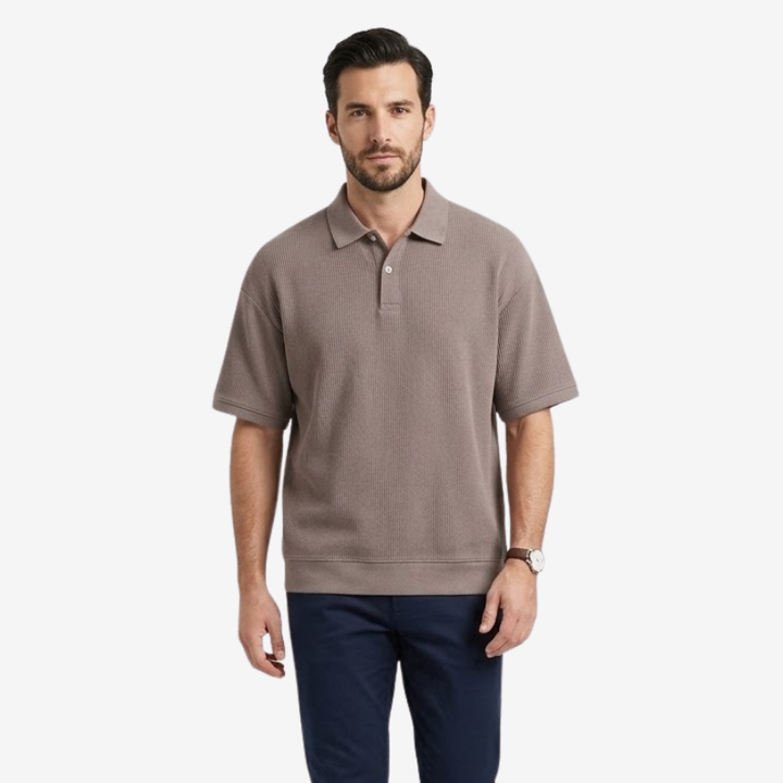 NOMU | Men's Ribbed Knit Polo Shirt – Casual Relaxed Fit Short Sleeve Top