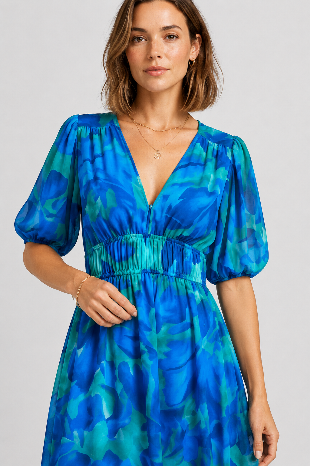 NOMU | Women's Floral V-Neck Midi Dress – Elegant Puff Sleeve Flowing Dress