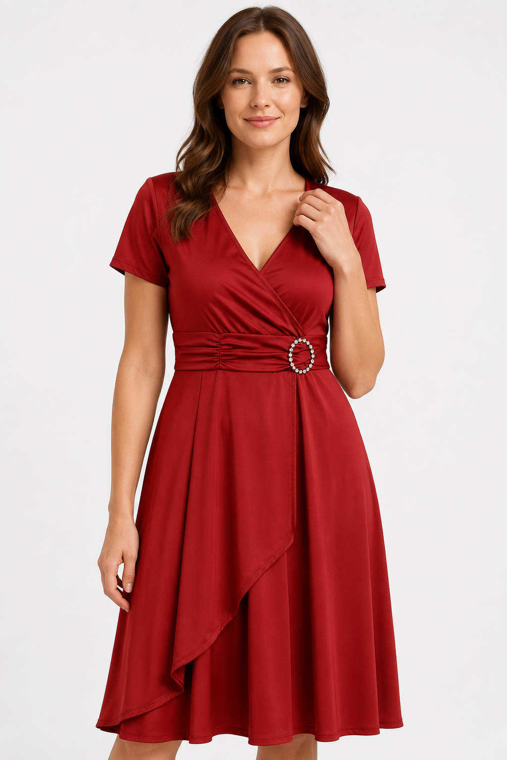 NOMU | Women's Elegant Wrap Midi Dress – Short Sleeve V-Neck Party Dress