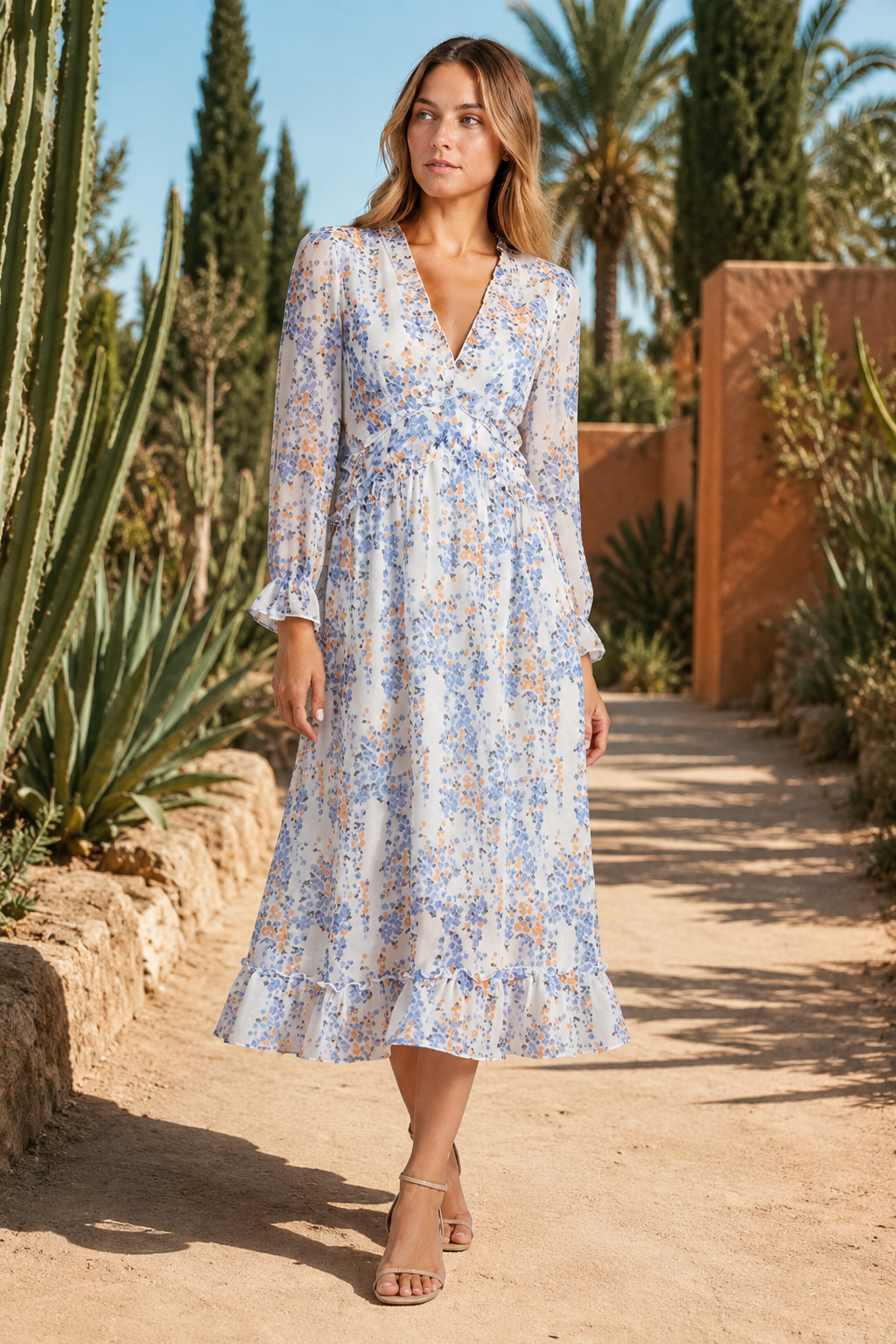 NOMU | Women's Floral Midi Dress – V Neck Long Sleeve Ruffle Trim Design