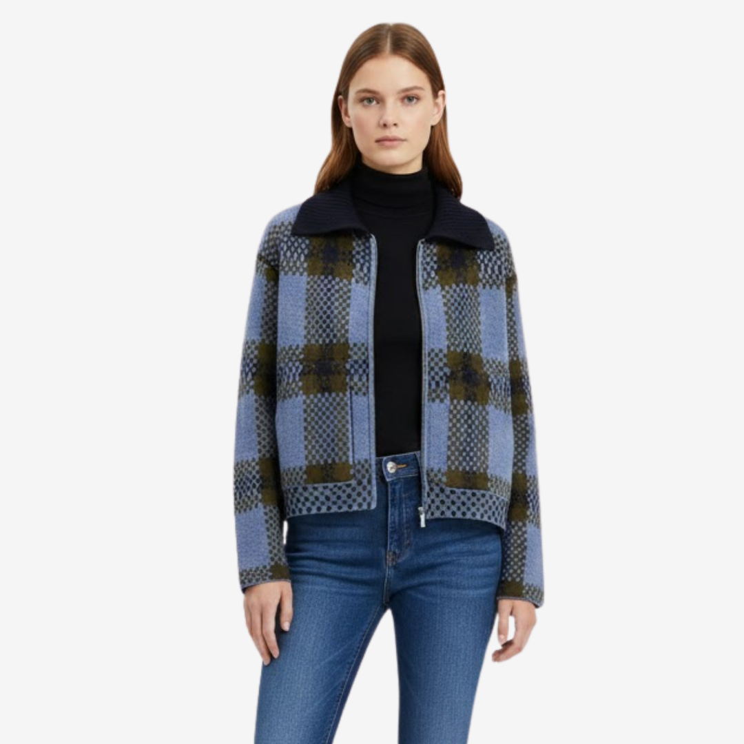 NOMU | Women's Plaid Knit Zip-Up Jacket – Soft Checkered Cardigan Coat