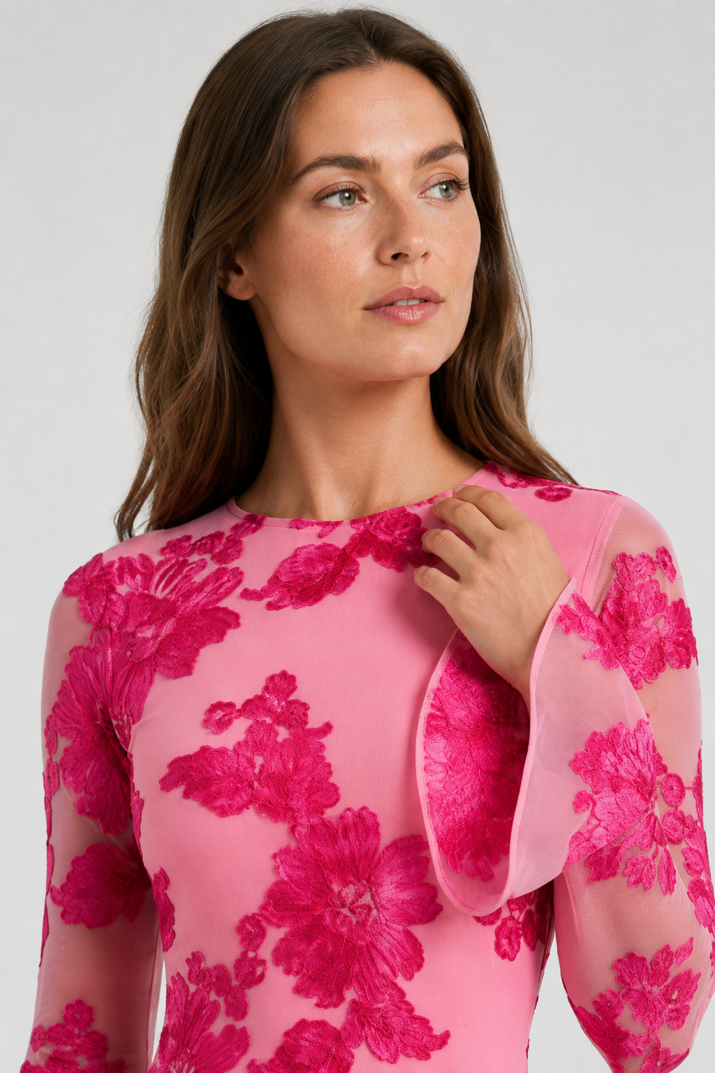 NOMU | Women's Floral Mesh Mini Dress – Elegant Long Sleeve Bodycon Party Dress