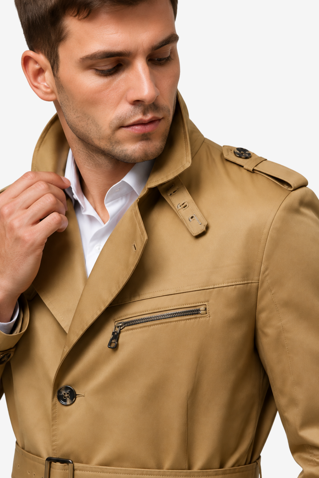 NOMU | Men's Belted Trench Coat – Double-Breasted Front with Adjustable Waist Belt