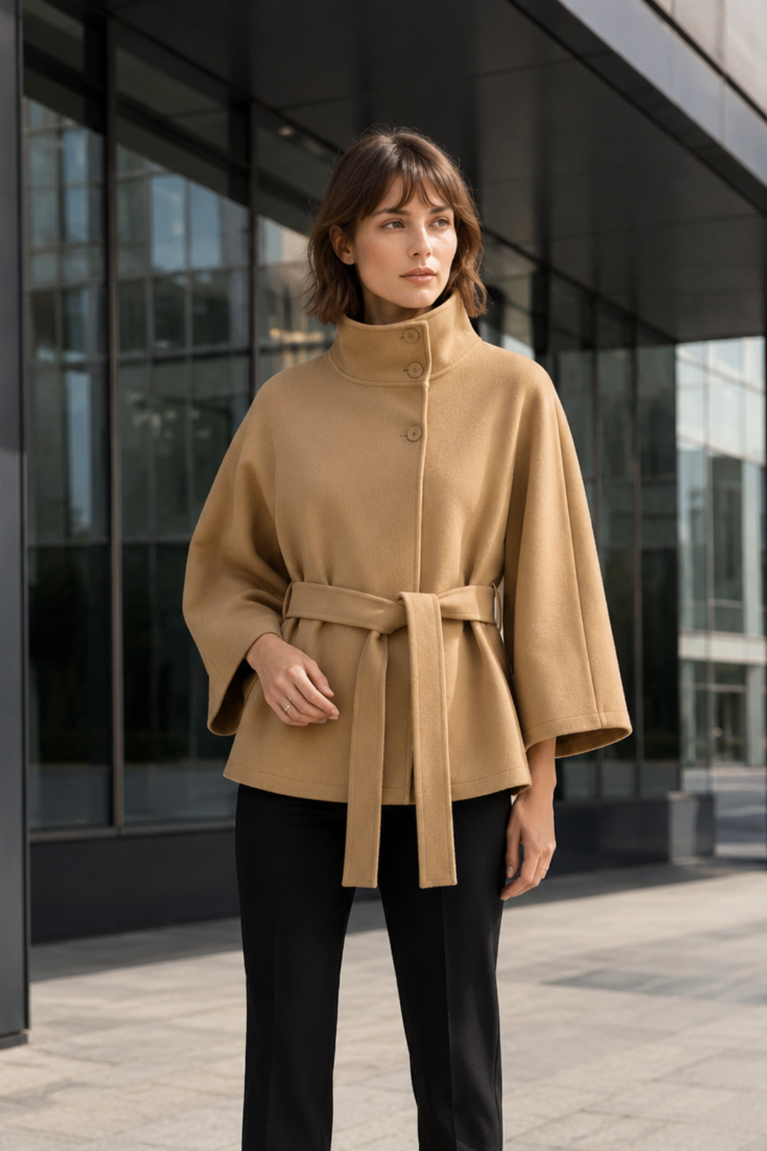 NOMU | Women's Belted Cape Coat – High Collar Wide Sleeve Design