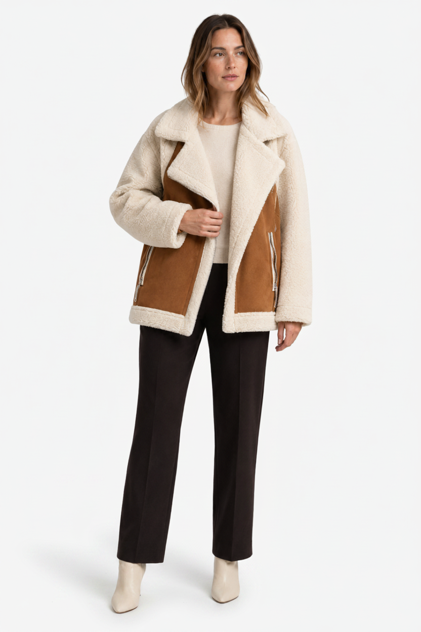 NOMU | Women's Shearling Jacket – Oversized Lapel Contrast Panel Zip Up Design