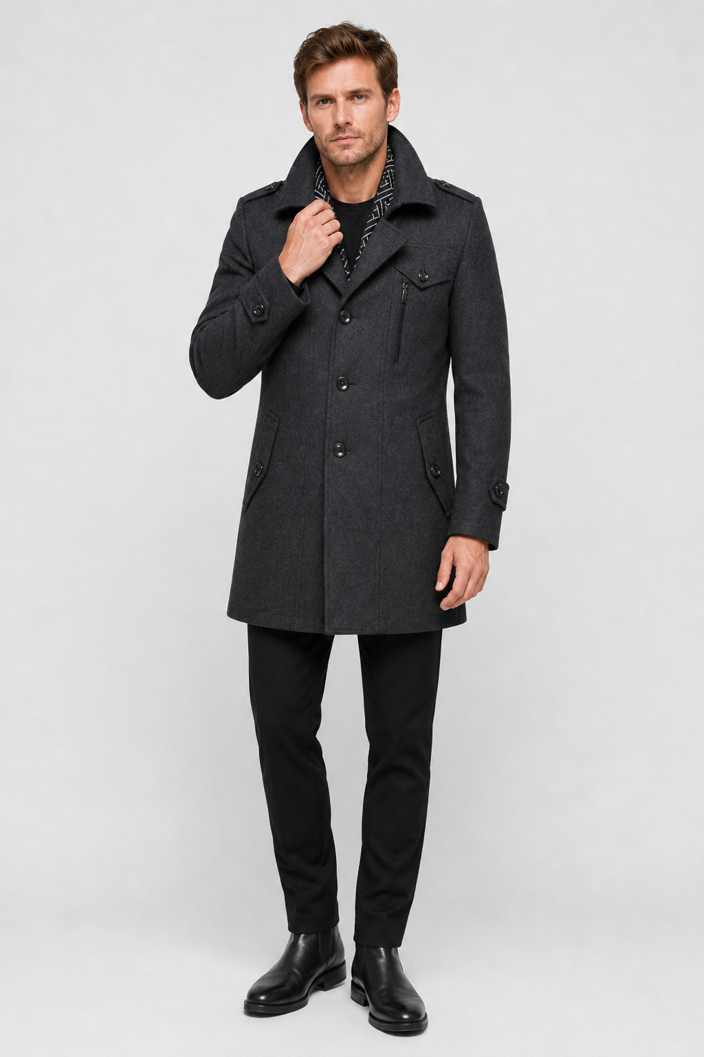 NOMU | Men's Wool Blend Military Overcoat – Tailored Button Front Coat