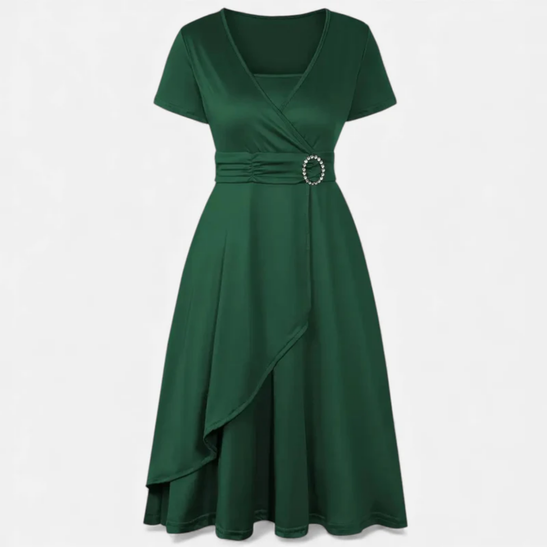 NOMU | Women's Elegant Wrap Midi Dress – Short Sleeve V-Neck Party Dress