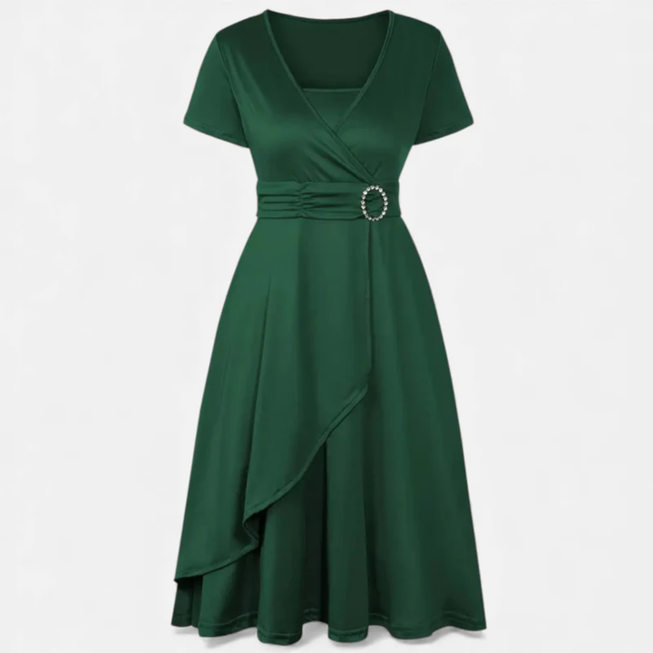 NOMU | Women's Elegant Wrap Midi Dress – Short Sleeve V-Neck Party Dress