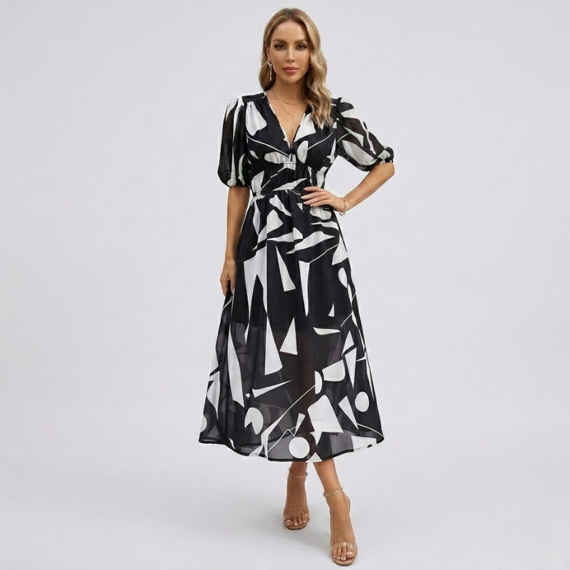 NOMU | Women's Abstract Print Midi Dress – V Neck Puff Sleeve Elastic Waist Design
