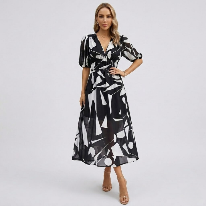 NOMU | Women's Abstract Print Midi Dress – V Neck Puff Sleeve Elastic Waist Design
