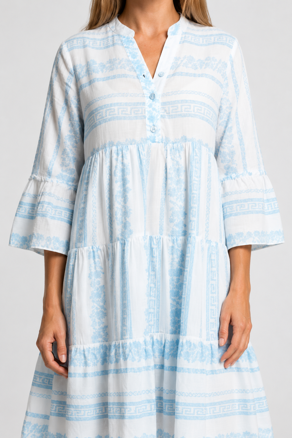 NOMU | Women's Printed Mini Dress – V Neck Button Front Tiered Loose Fit Design