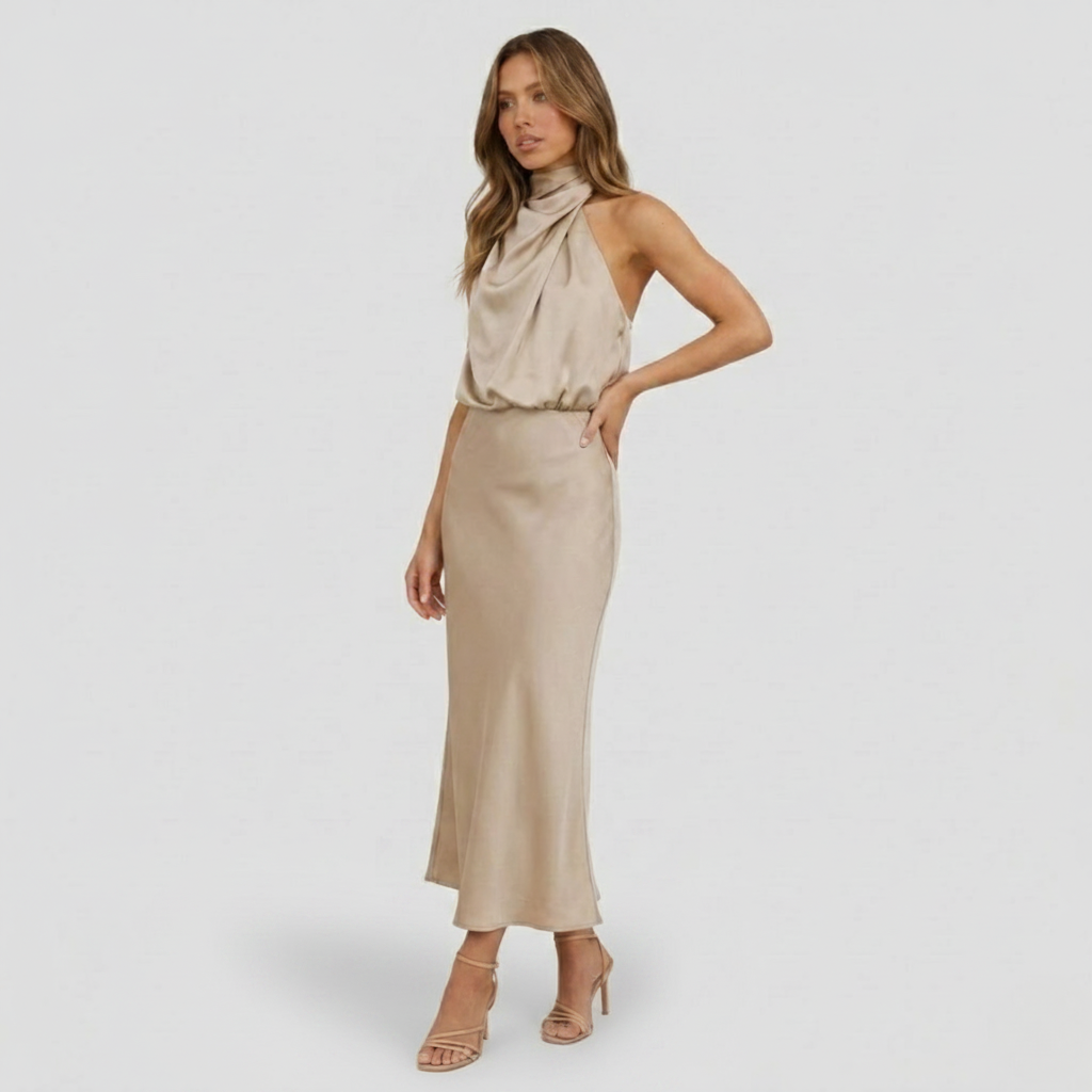NOMU | Women's Satin Maxi Dress – Sleeveless High Neck Draped Design