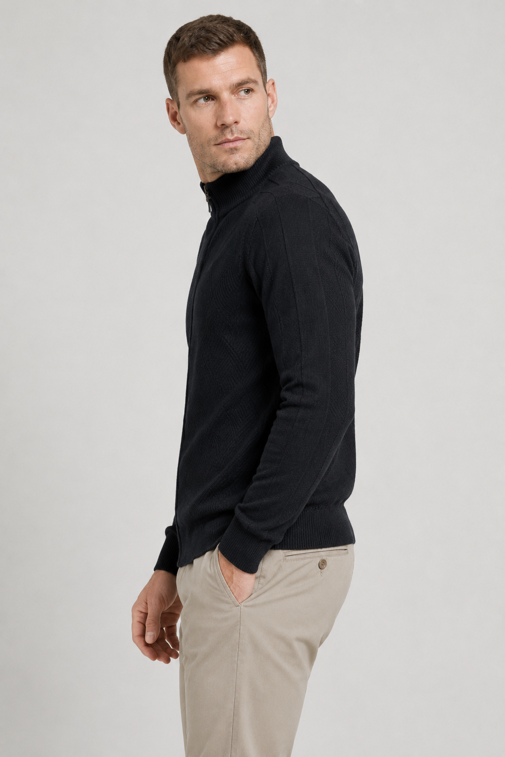 NOMU | Men's Zip-Up Knit Sweater Jacket – Textured Stand Collar Cardigan