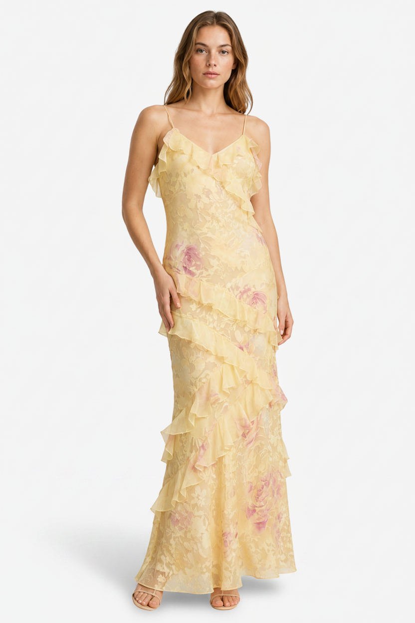 NOMU | Women's Floral Ruffle Maxi Dress – Elegant Sleeveless Layered Party Dress