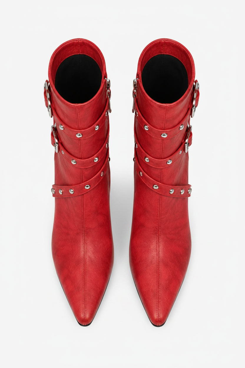 NOMU | Women's Buckled Strap Ankle Boots – Modern Studded Block Heel Boots
