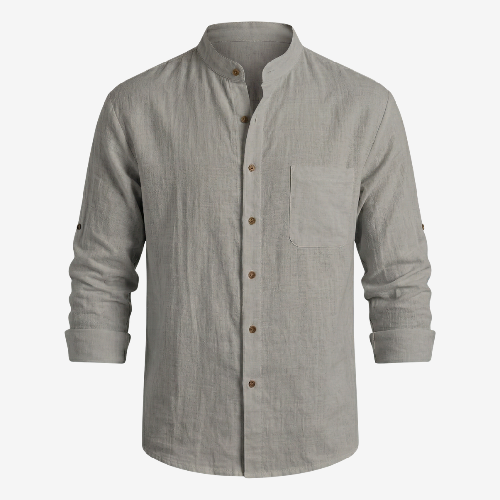NOMU | Men's Linen Blend Shirt – Long Sleeve Mandarin Collar Button Design