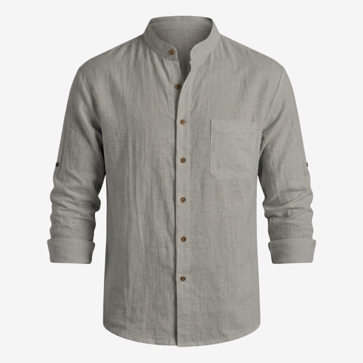 NOMU | Men's Linen Blend Shirt – Long Sleeve Mandarin Collar Button Design