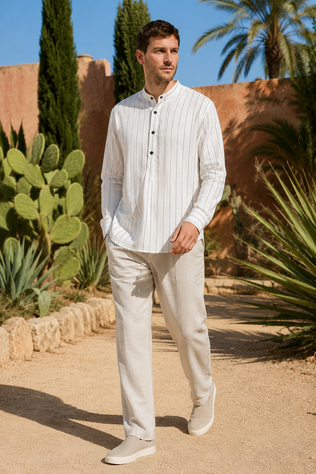 NOMU | Men's Striped Mandarin Collar Shirt – Long Sleeve Smart Casual Design