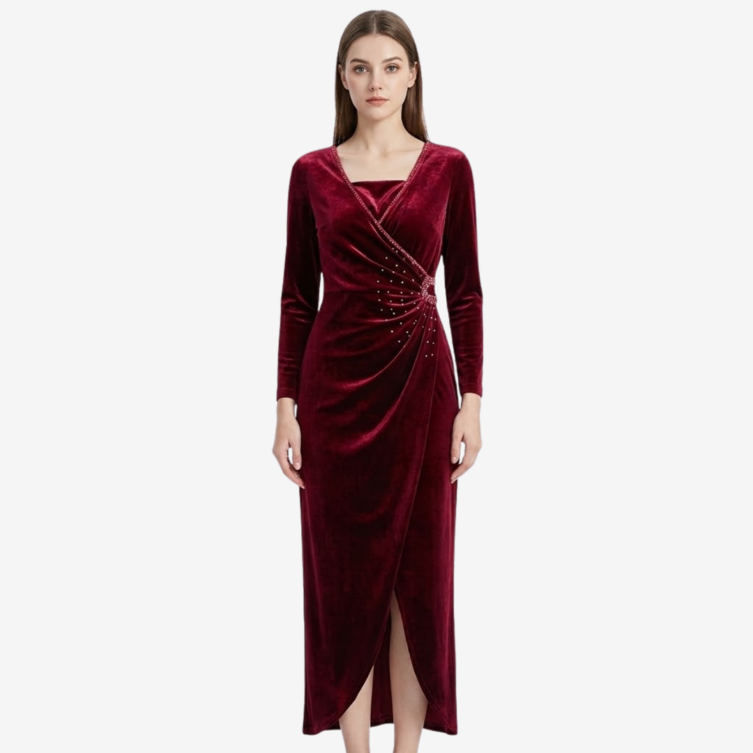 NOMU | Women's Velvet Wrap Midi Dress – Elegant Long Sleeve Rhinestone Evening Dress