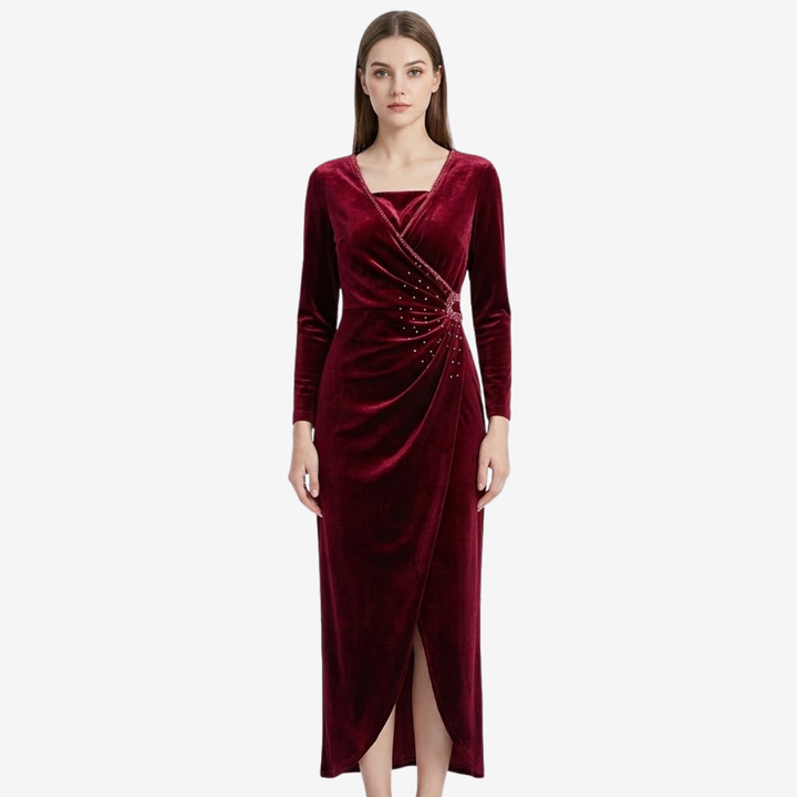 NOMU | Women's Velvet Wrap Midi Dress – Elegant Long Sleeve Rhinestone Evening Dress
