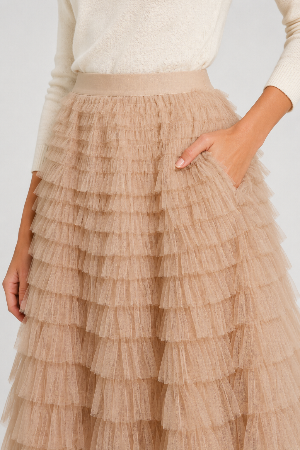 NOMU | Women’s Layered Ruffle Tulle Midi Skirt