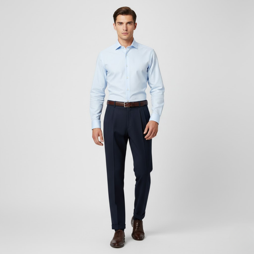 NOMU | Men's Navy Pleated Tapered Dress Trousers – Tailored Formal Pants