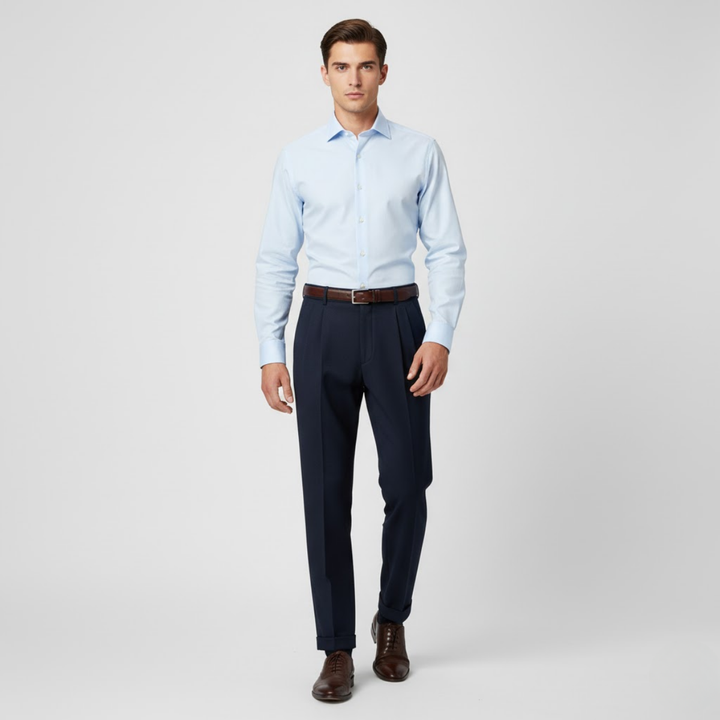 NOMU | Men's Navy Pleated Tapered Dress Trousers – Tailored Formal Pants