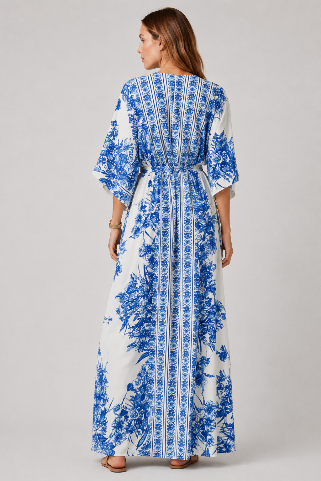NOMU | Women's Printed Maxi Dress – V Neck Kimono Sleeve Tie Waist Relaxed Design