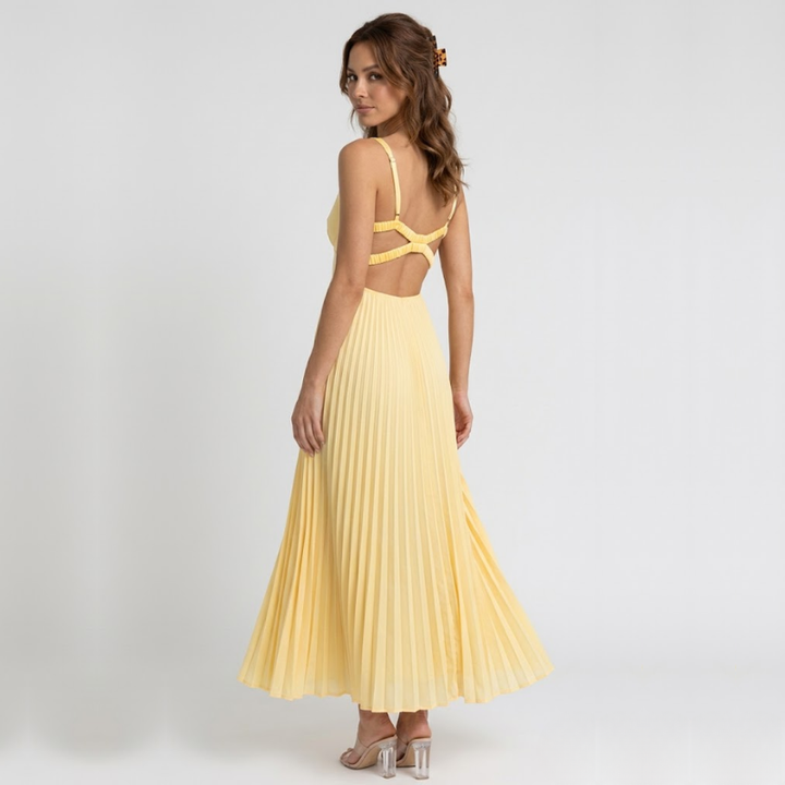 NOMU | Women's Pleated Maxi Dress – Sleeveless V Neck Flowy Design