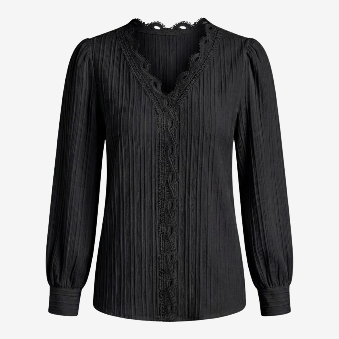 NOMU | Women's Lace Trim Pleated Blouse – Elegant V-Neck Long Sleeve Top