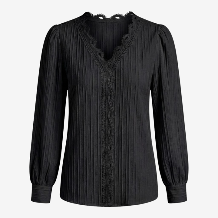 NOMU | Women's Lace Trim Pleated Blouse – Elegant V-Neck Long Sleeve Top