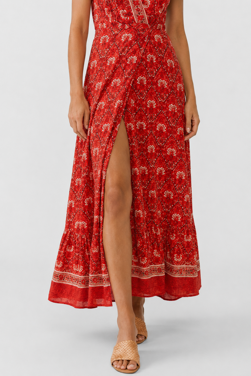 NOMU | Women's Printed Midi Dress – V Neck Short Sleeve Wrap Style Side Slit Design