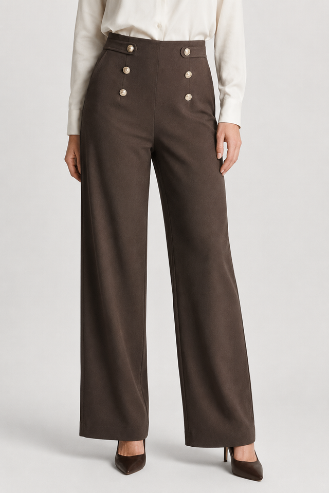 NOMU | Women's High-Waisted Wide Leg Trousers – Elegant Button Detail Palazzo Pants