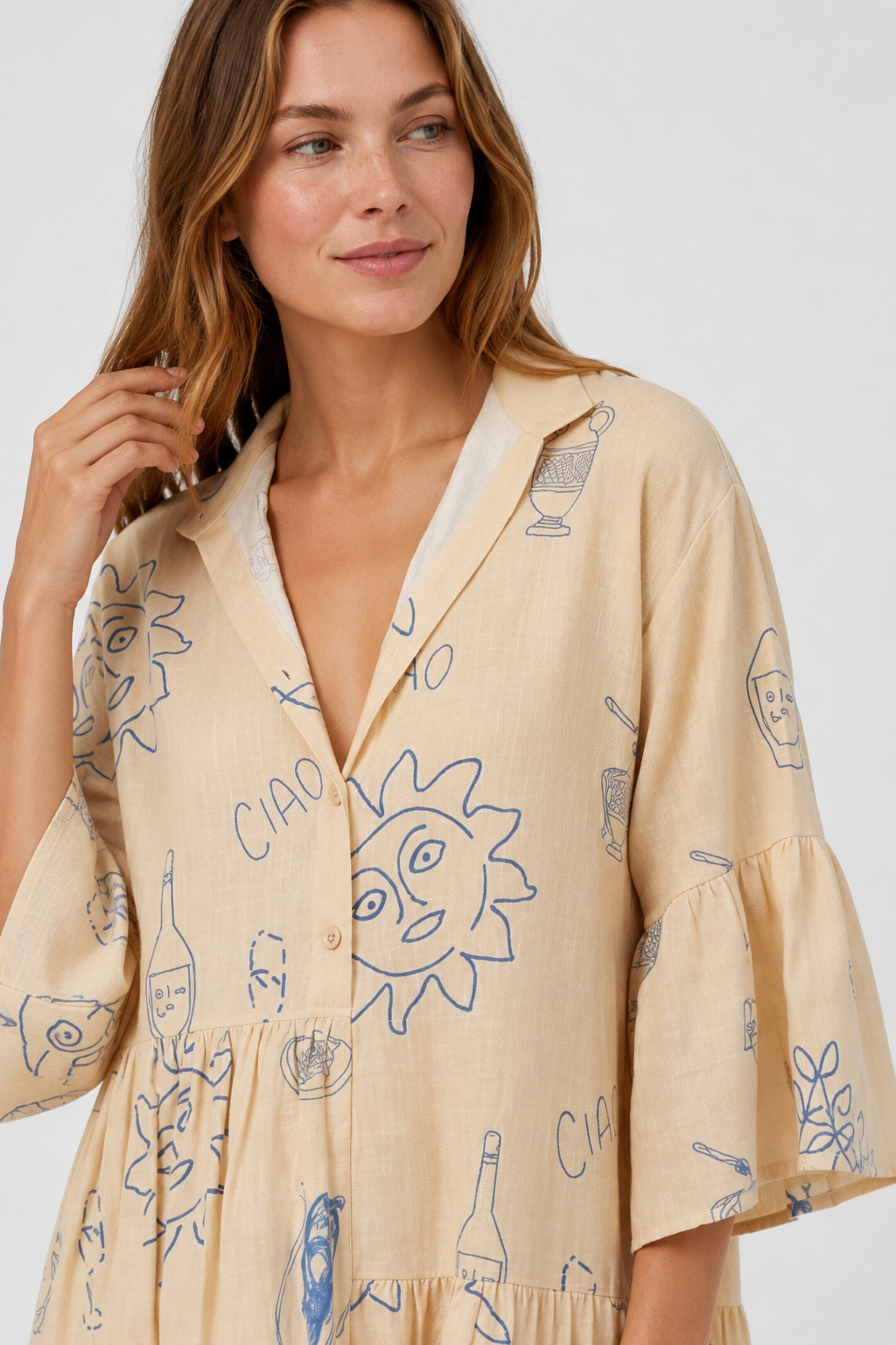 NOMU | Women's Printed Mini Dress – V Neck Button Front Tiered Loose Fit Design