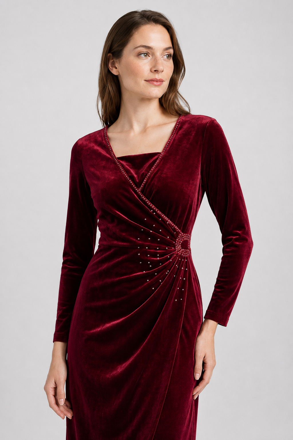 NOMU | Women's Velvet Wrap Midi Dress – Elegant Long Sleeve Rhinestone Evening Dress