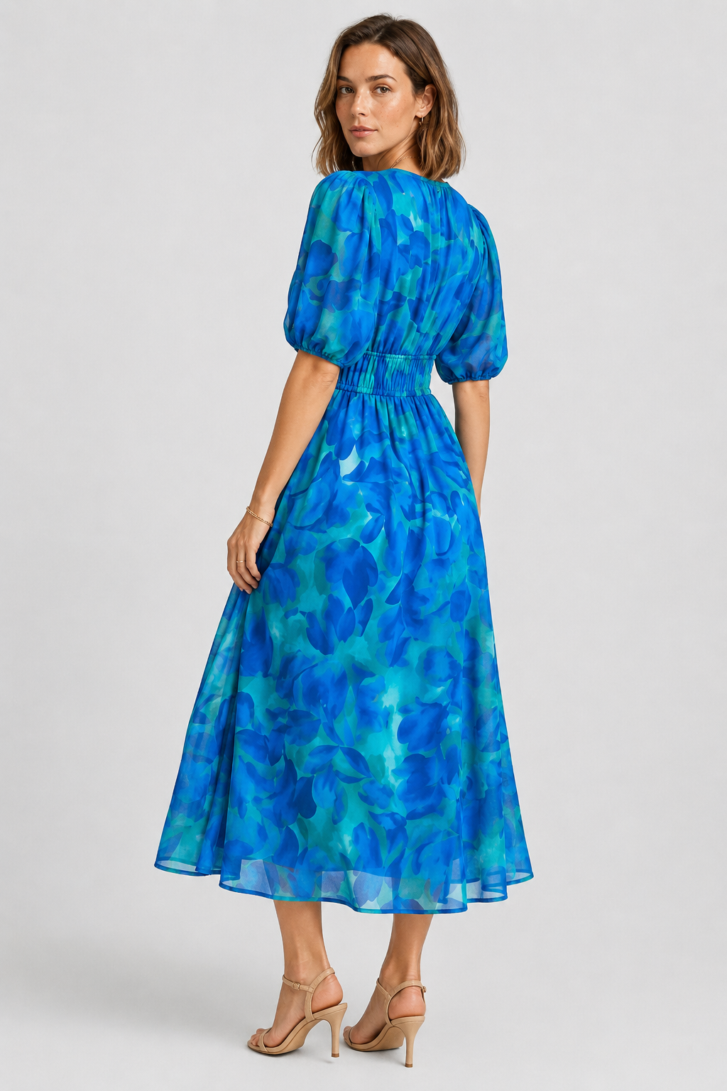 NOMU | Women's Floral V-Neck Midi Dress – Elegant Puff Sleeve Flowing Dress