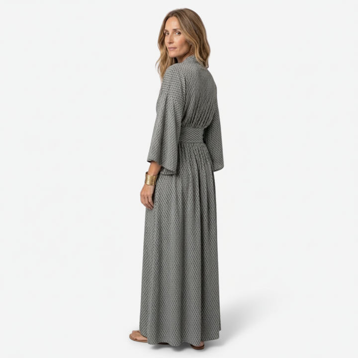 NOMU | Women's Printed Empire Waist Maxi Dress – Elegant Long Sleeve Boho Dress