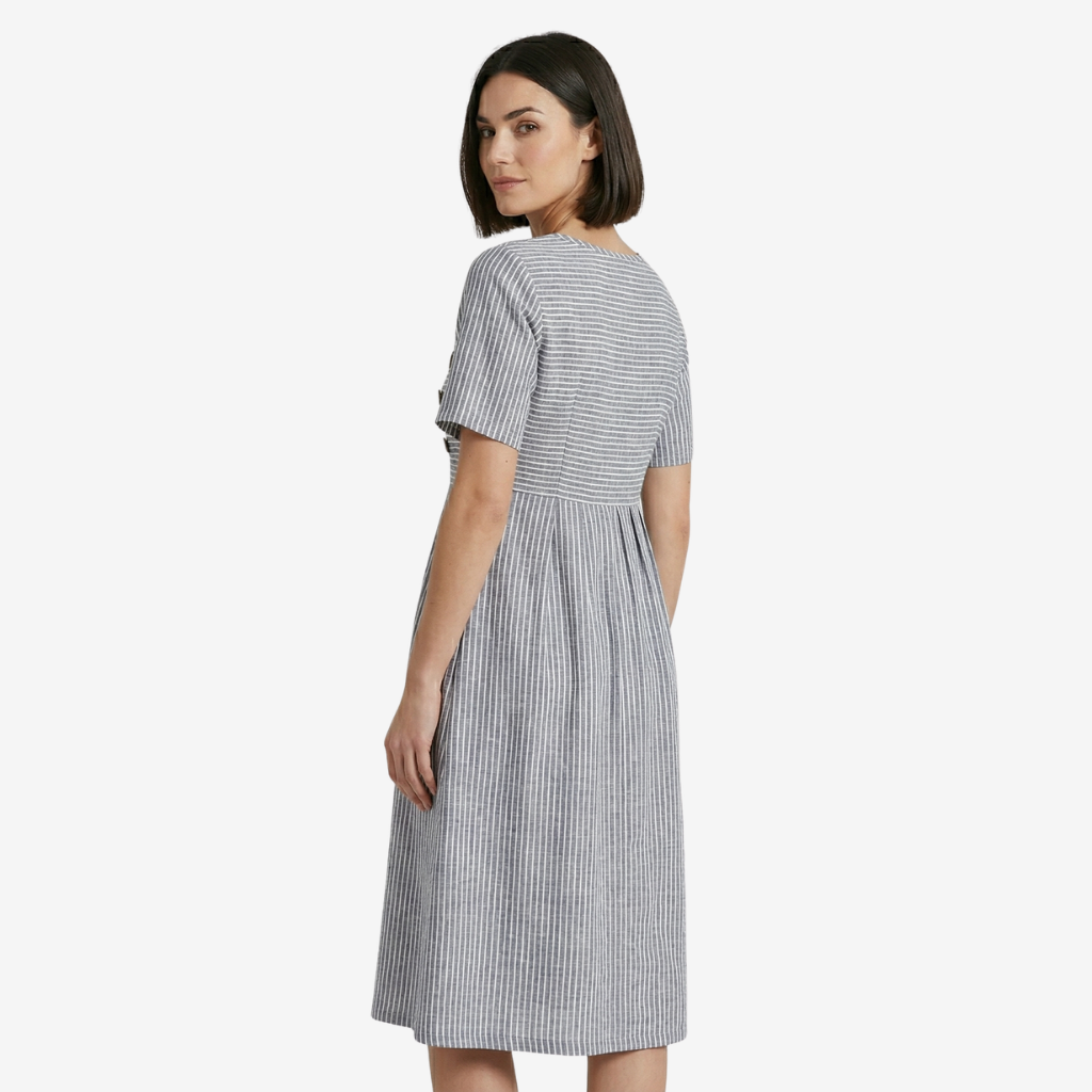 NOMU | Women's Striped Button Detail Midi Dress – Casual Short Sleeve Linen Look Dress