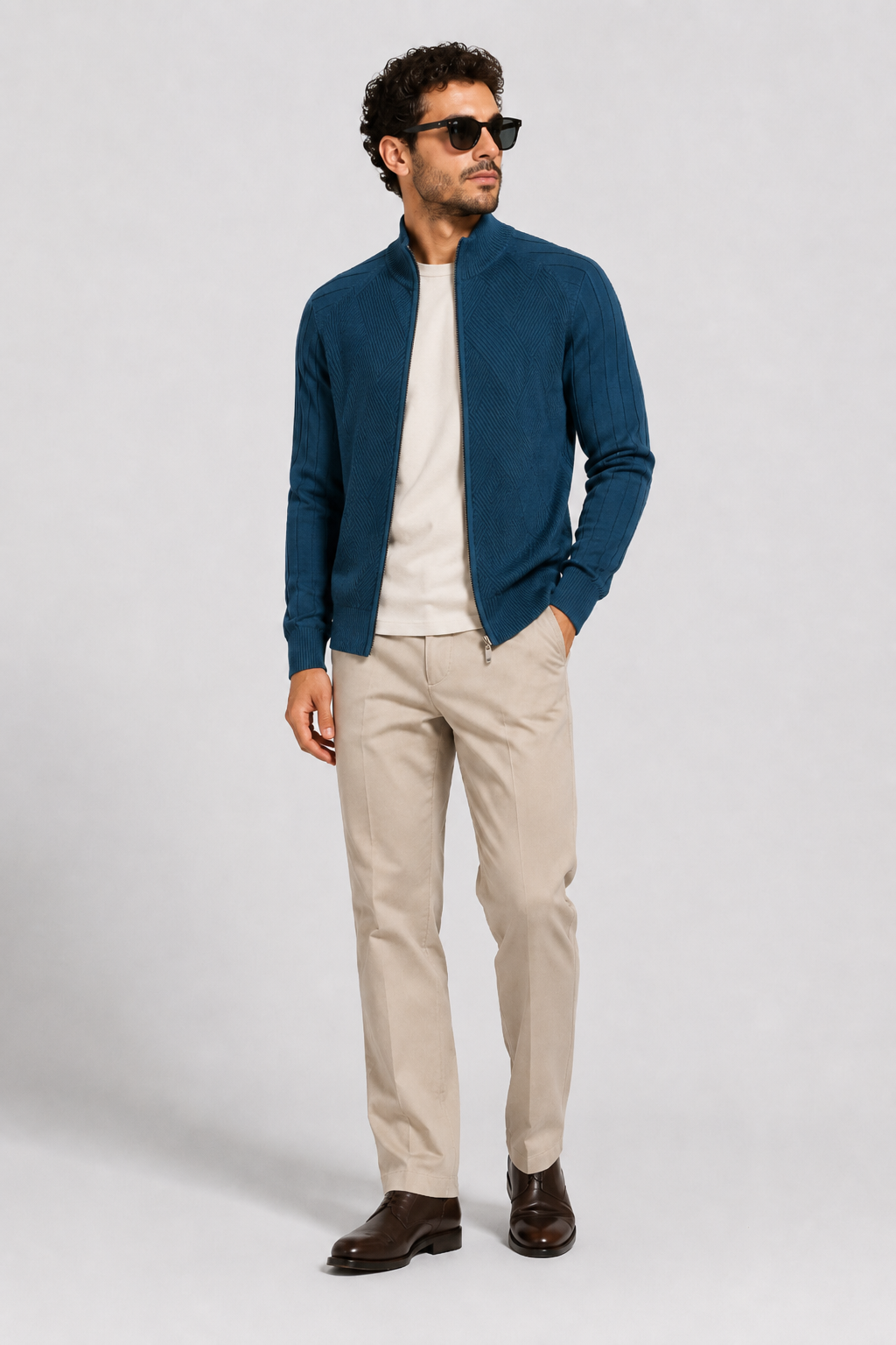 NOMU | Men's Zip-Up Knit Sweater Jacket – Textured Stand Collar Cardigan