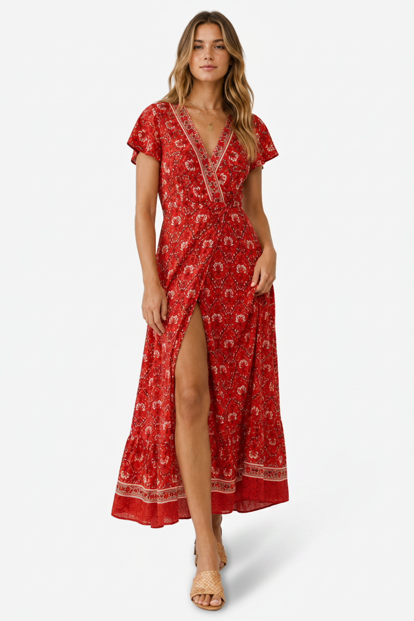 NOMU | Women's Printed Midi Dress – V Neck Short Sleeve Wrap Style Side Slit Design