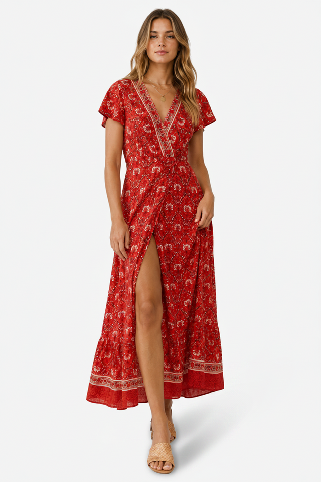 NOMU | Women's Printed Midi Dress – V Neck Short Sleeve Wrap Style Side Slit Design